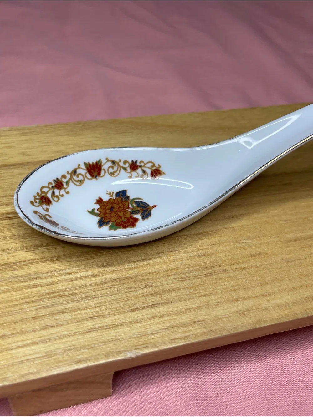 Vintage Floral Porcelain Soup Spoons - Set of 3, White with Floral Decal